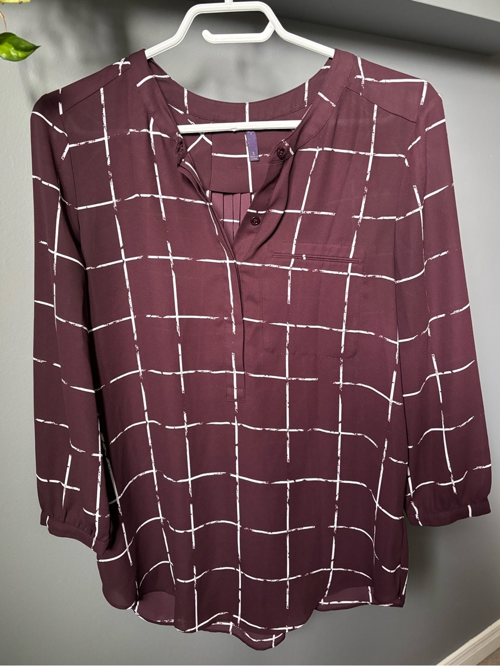 Burgundy and White Grid Pattern Blouse